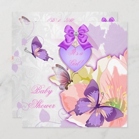 Invitation Fille Baby shower rose papillon violet Floral 2 (Devant / Derrière)