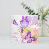 Invitation Fille Baby shower rose papillon violet Floral 2 (Debout devant)