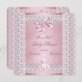 Invitation Fille Baby shower rose Perle Bow Lace Damask (Devant / Derrière)