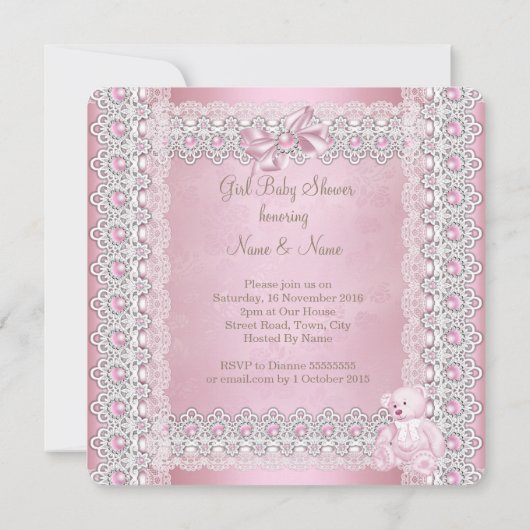 Invitation Fille Baby shower rose Perle Bow Lace Damask (Dos)