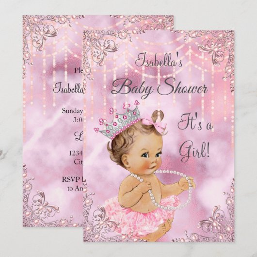 Invitation Fille Baby shower rose perle Brunette (Devant / Derrière)