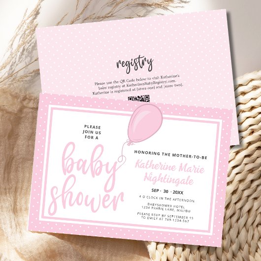 Invitation Fille Baby shower rose Polka Dot BOHO QR Code