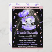 Invitation Fille Baby shower rose pourpre Argent bébé Eléphan (Devant / Derrière)