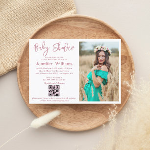 Invitation fille baby shower rose script photo qr code simple