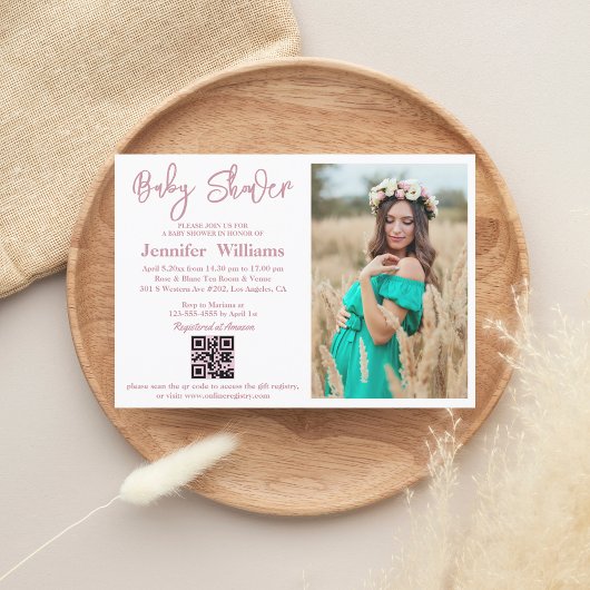 Invitation fille baby shower rose script photo qr code simple