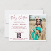 Invitation fille baby shower rose script photo qr code simple (Devant)
