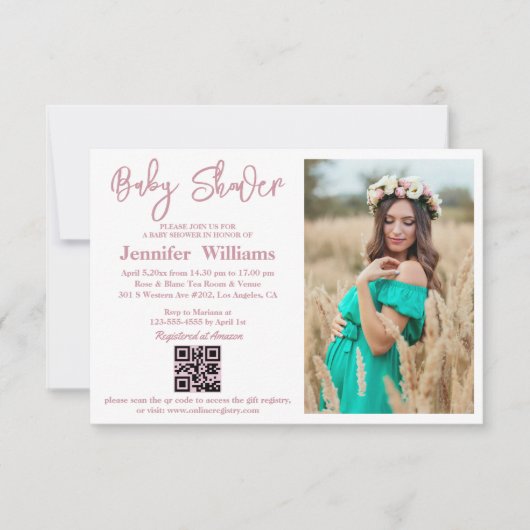 Invitation fille baby shower rose script photo qr code simple (Devant)