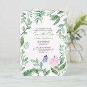 Invitation Fille Baby shower, rose, violet et papillon bleu (Debout devant)