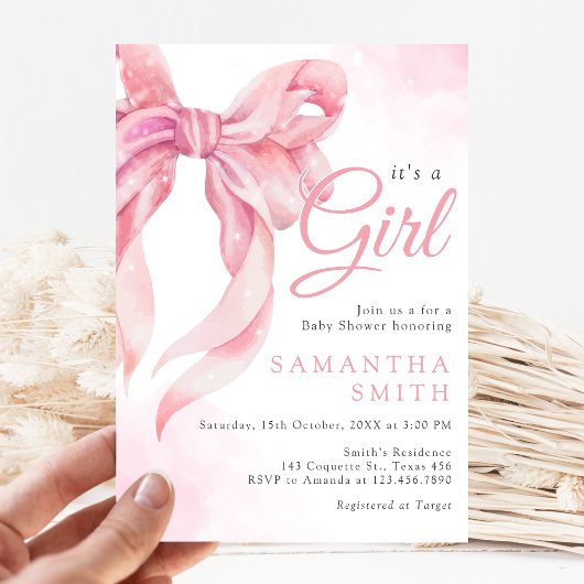 Invitation Fille Baby Shower Ruban Rose