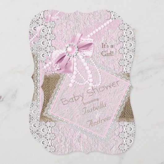 Invitation Fille Baby shower Rustique Bow Pearl Lace 2 (Devant / Derrière)