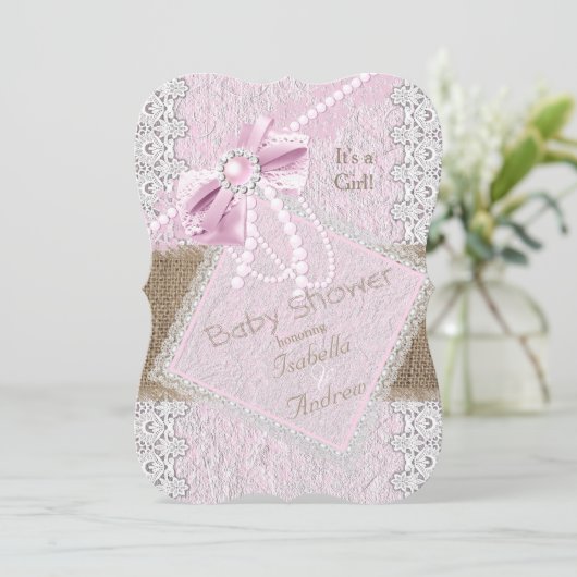 Invitation Fille Baby shower Rustique Bow Pearl Lace 2 (Debout devant)