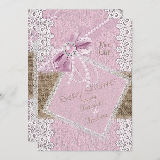Invitation Fille Baby shower Rustique Bow Rose Pearl Lace Bur (Devant / Derrière)