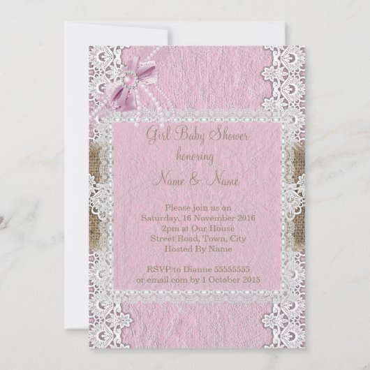 Invitation Fille Baby shower Rustique Rose Bow Lace Burlap 2 (Dos)