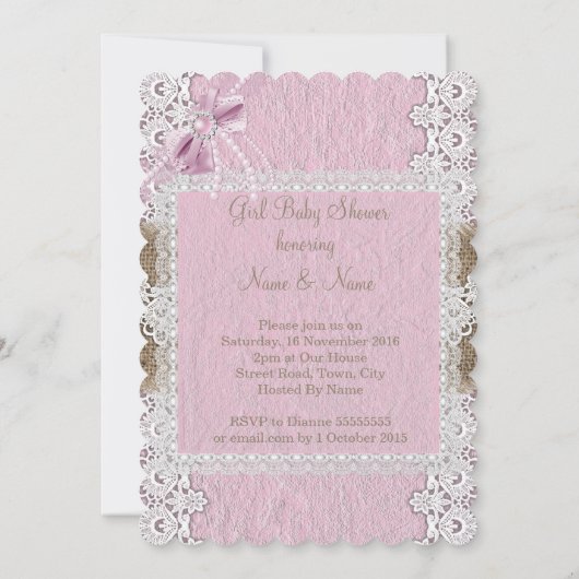 Invitation Fille Baby shower Rustique Rose Bow Lace Burlap 2 (Dos)