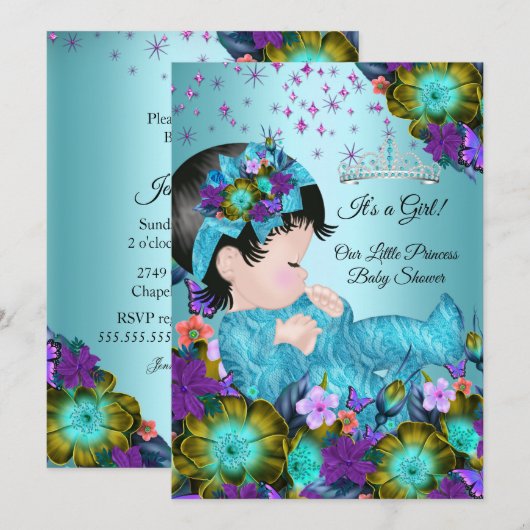 Invitation Fille Baby shower Turquoise Bleu pourpre Floral (Devant / Derrière)