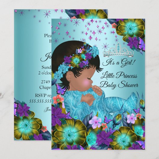 Invitation Fille Baby shower Turquoise Bleu pourpre Floral Et (Devant / Derrière)
