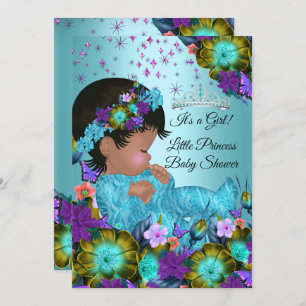 Invitation Fille Baby shower Turquoise Bleu pourpre Floral Et
