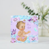 Invitation Fille Baby shower Turquoise Papillon pourpre Blond (Debout devant)