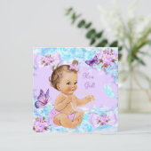 Invitation Fille Baby shower Turquoise Papillon pourpre Brune (Debout devant)