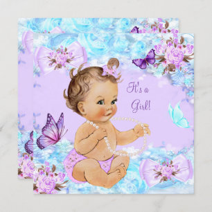 Invitation Fille Baby shower Turquoise Papillon pourpre Brune