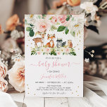 Invitation Fille Baby shower Woodland Blush Floral<br><div class="desc">Cette invitation présente de mignons animaux boisés avec des fleurs roses rousses et des accents de feuille d'or.</div>