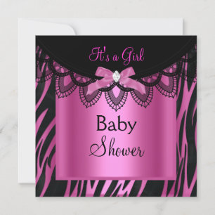 Invitation Fille Baby shower Zebra Hot rose Noir