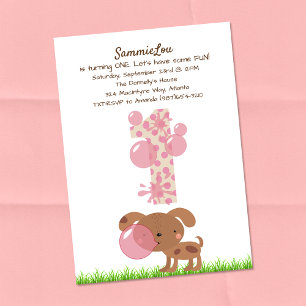 Invitation Fille Baby's premier Anniversaire Puppy Bubble Gum