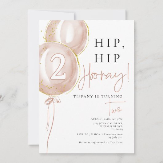 Invitation Fille Balloon Rose Deuxième anniversaire (Devant)