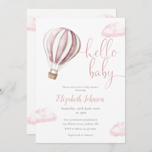 Invitation Fille Balloon Rose Hot Air Tout En Un Baby shower  (Devant / Derrière)