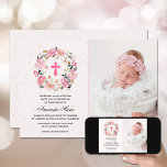 Invitation Fille Baptême Aquarelle rose Floral<br><div class="desc">Cette invitation au baptême moderne et élégante présente la photo de votre enfant et une belle couronne florale de fleurs roses du jardin autour d'une croix rose,  parfaite pour la journée spéciale de votre fille. Objets CORRESPONDANTS disponibles dans notre magasin.</div>