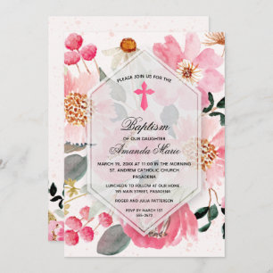 Invitation Fille Baptême Aquarelle rose Floral