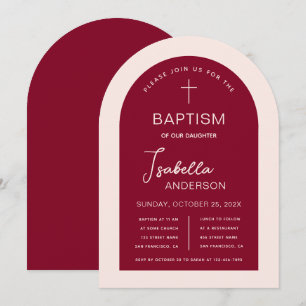 Invitation Fille Baptême Arc Bourgogne Rose Script moderne