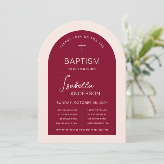 Invitation Fille Baptême Arc Bourgogne Rose Script moderne (Debout devant)