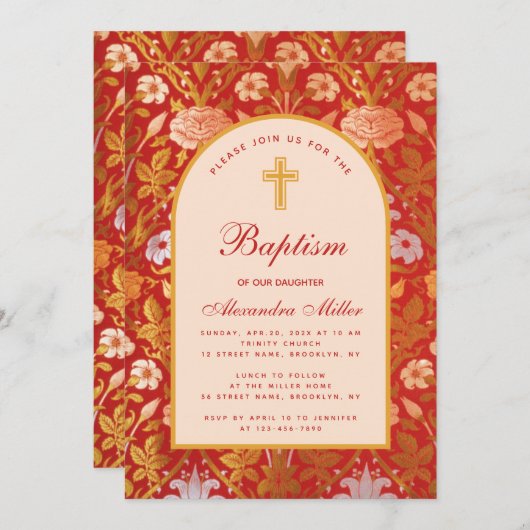 Invitation Fille Baptême Arc Floral Rose Lily Élégant Script (Devant / Derrière)