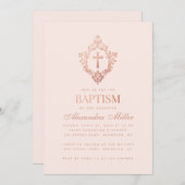 Invitation Fille Baptême Blush Rose Croix d'or en crête (Devant / Derrière)