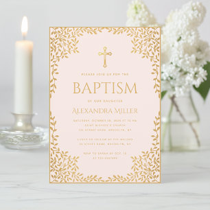 Invitation Fille Baptême Blush Rose Faux Or Feuilles religieu