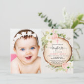 Invitation Fille baptême bois rose blanc photo florale (Debout devant)