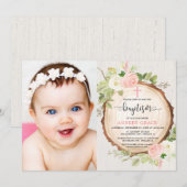 Invitation Fille baptême bois rose blanc photo florale (Devant / Derrière)