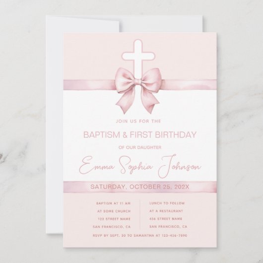 Invitation Fille Baptême Bow Premier Anniversaire Croix rose  (Devant)