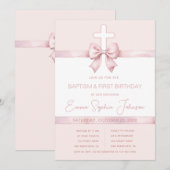 Invitation Fille Baptême Bow Premier Anniversaire Croix rose  (Devant / Derrière)