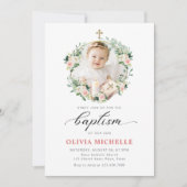 Invitation Fille Baptême Christening Floral Photo (Devant)