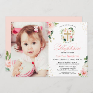 Invitation Fille Baptême Christening Photo Blush Rose Floral