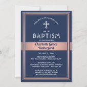 Invitation Fille Baptême Élégant Marine bleu rose Rose Or (Devant)