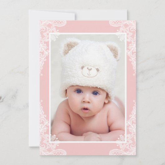 Invitation Fille Baptême Élégant rose blanc rose blanc dentel (Dos)