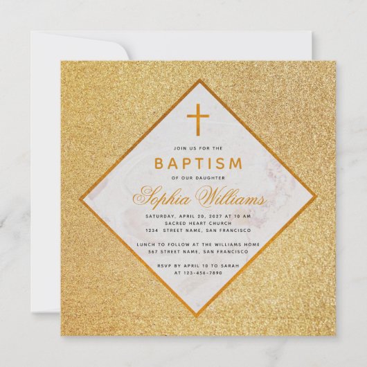 Invitation Fille Baptême Faux Gold Parties scintillant Marbre (Devant)