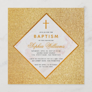 Invitation Fille Baptême Faux Gold Parties scintillant Marbre