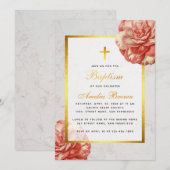 Invitation Fille Baptême Floral Rose Camellia Faux Marbre Or (Devant / Derrière)