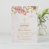 Invitation Fille Baptême Floral rose Orchidées Gold Cross Mar (Debout devant)