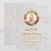 Invitation Fille Baptême Photo Rose Wreath Cross Marbre Flora (Devant / Derrière)