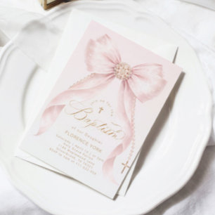 Invitation Fille baptême religieux rose pâle et or noeud